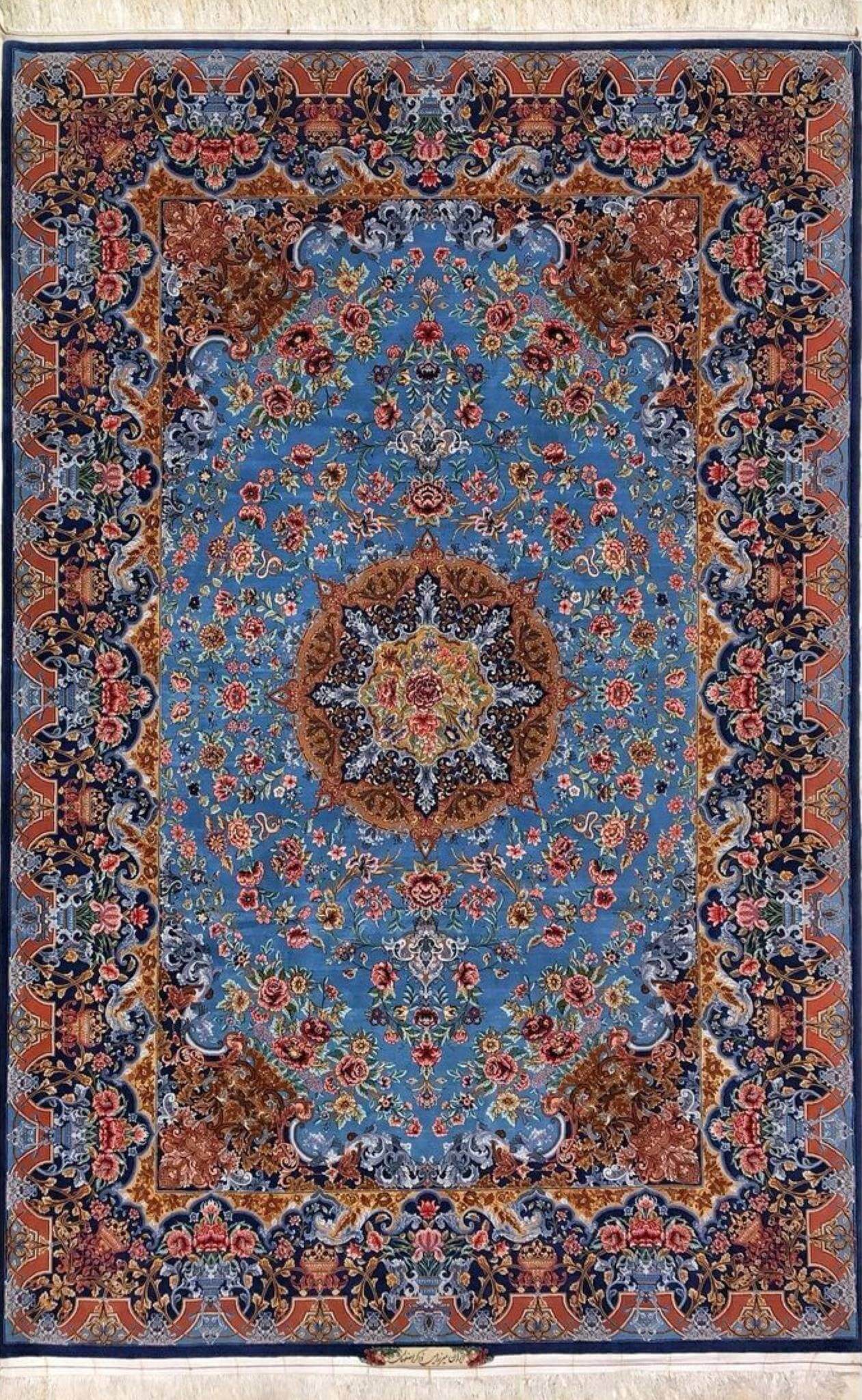 "Hand-knotted Mirzaie Persian rug with wool and silk, 300 cm x 205 cm, made in Isfahan, Iran."